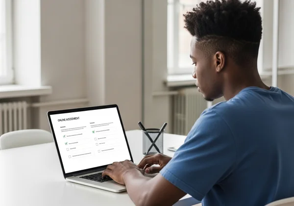 Person, die einen Online-ADHS-Selbsttest auf einem Laptop durchführt.
