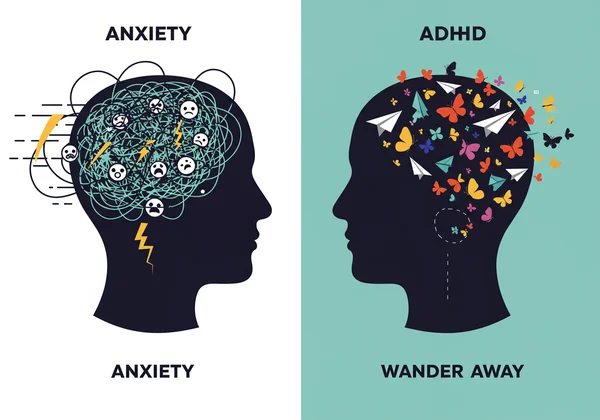 Illustration of anxiety vs. ADHD minds.