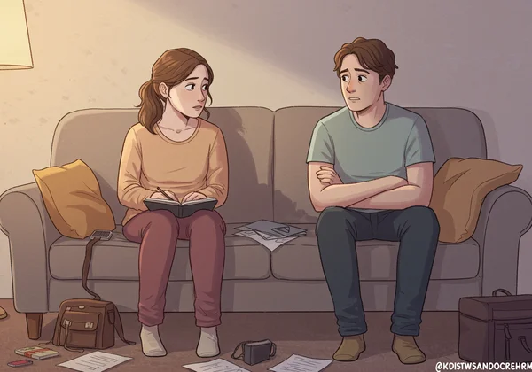 Couple showing signs of communication struggle, but with care.