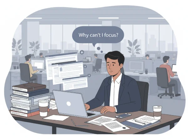 Adult struggling with focus in a busy office
