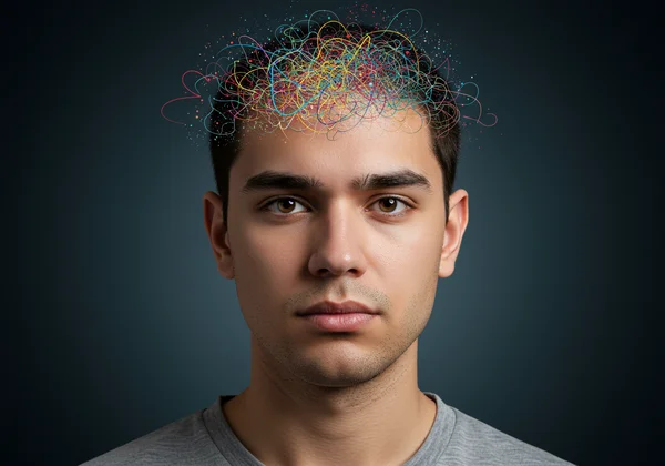Person masking internal chaos, representing hidden ADHD symptoms.
