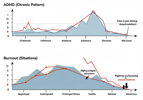 Timeline comparing ADHD's chronic vs burnout's situational onset.