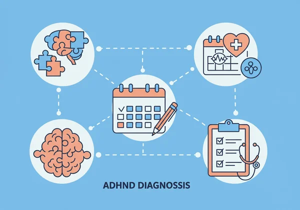 Abstract illustration of ADHD evaluation process.